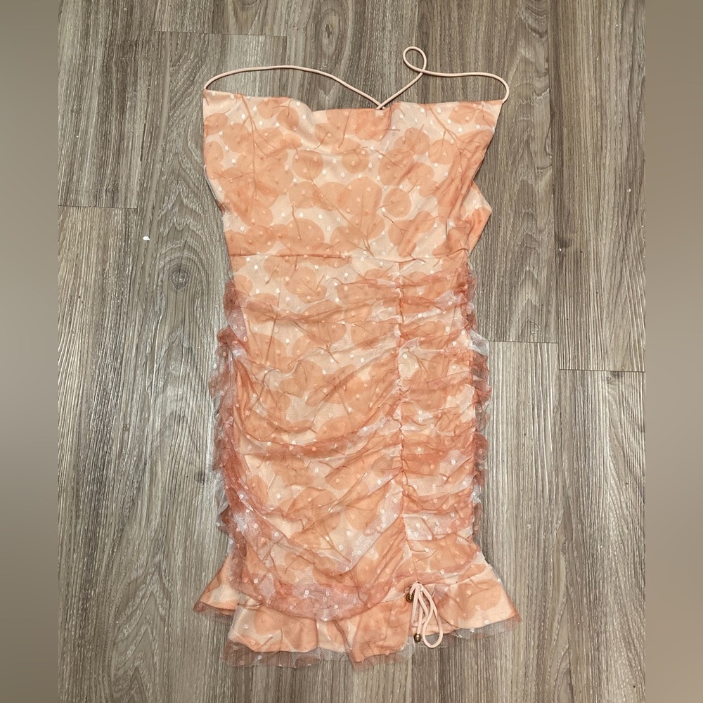 NWT Here Comes The Sun Coral / Peach Dress Ruched Ruffled Zipper Detail Lace